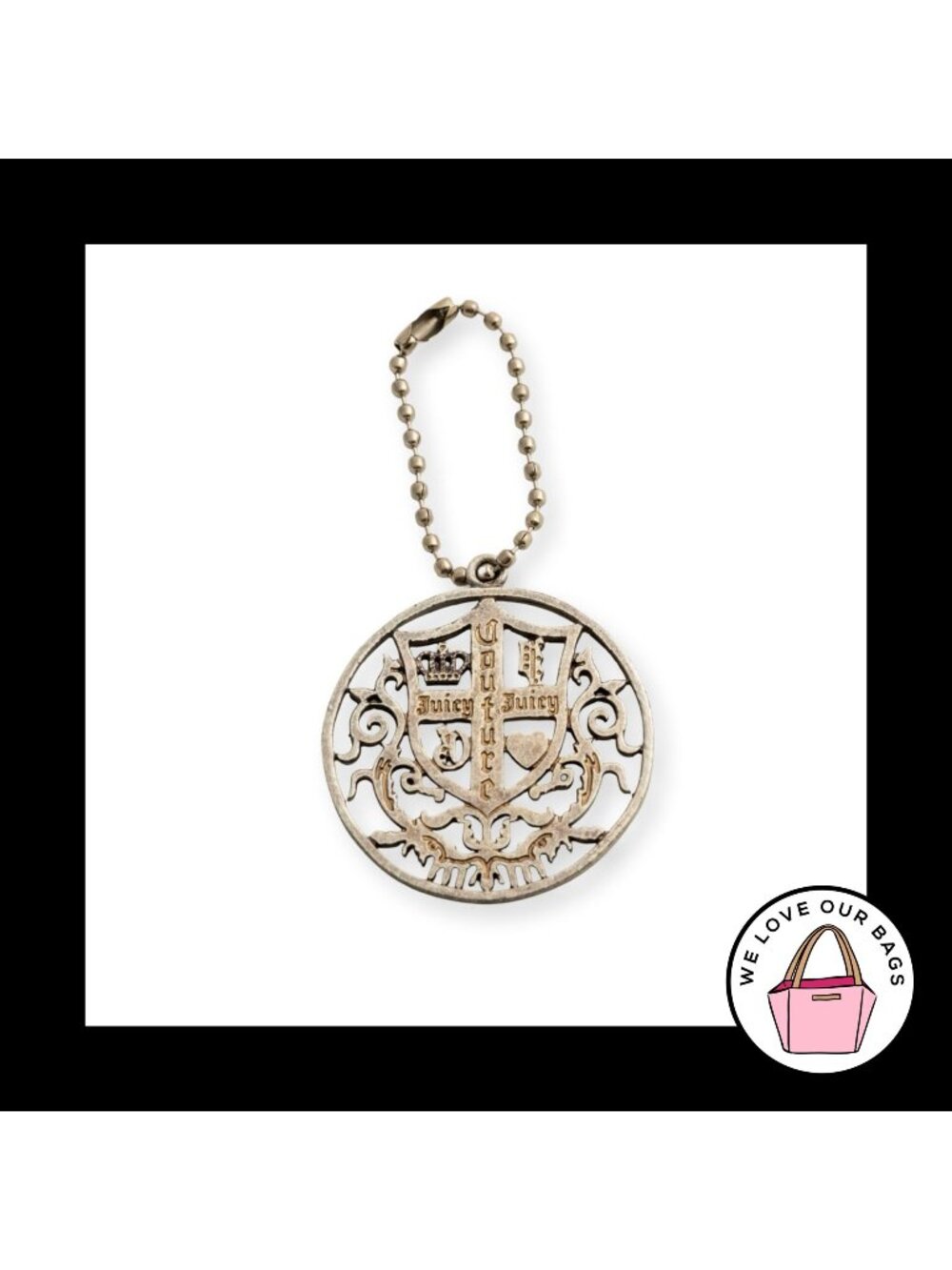 JUICY COUTURE Hang Tag Round Cutout Silver Nickel Metal Bag Charm Keychain Fob